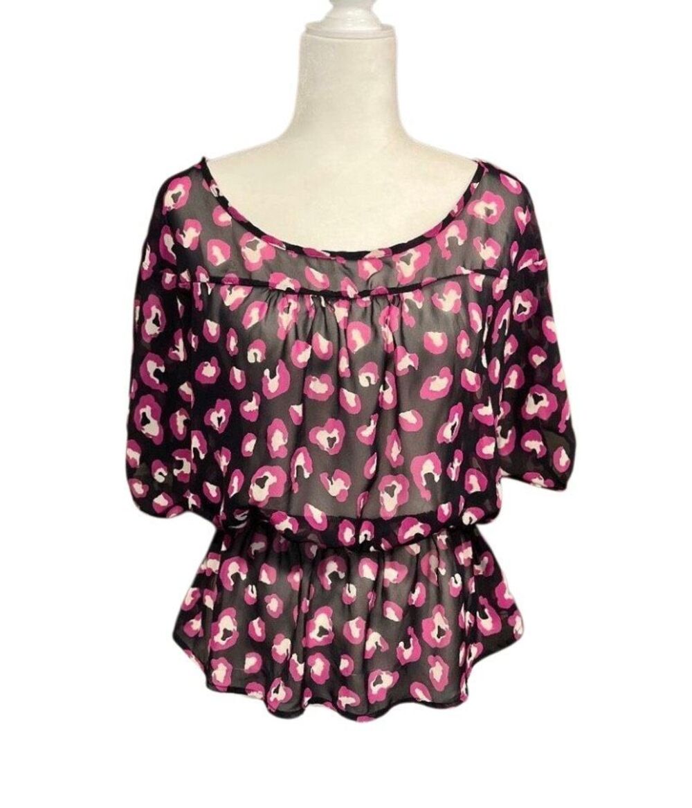 Dina Be pink and deep navy poppy floral semi-sheer blouse with flared waistband-